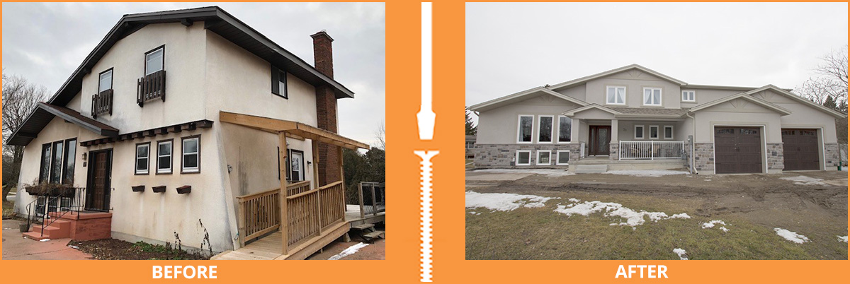 Before and after of house with added garage