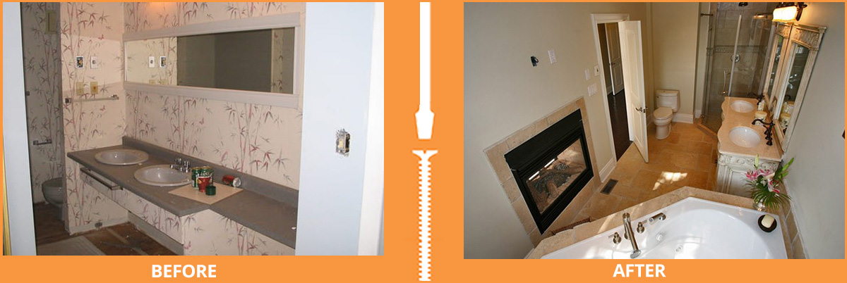 Before and after bathroom with fireplace