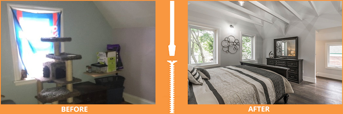 Before and after bedroom with ceiling beams