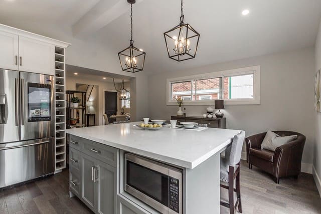 Floating island storage in renovated kitchen